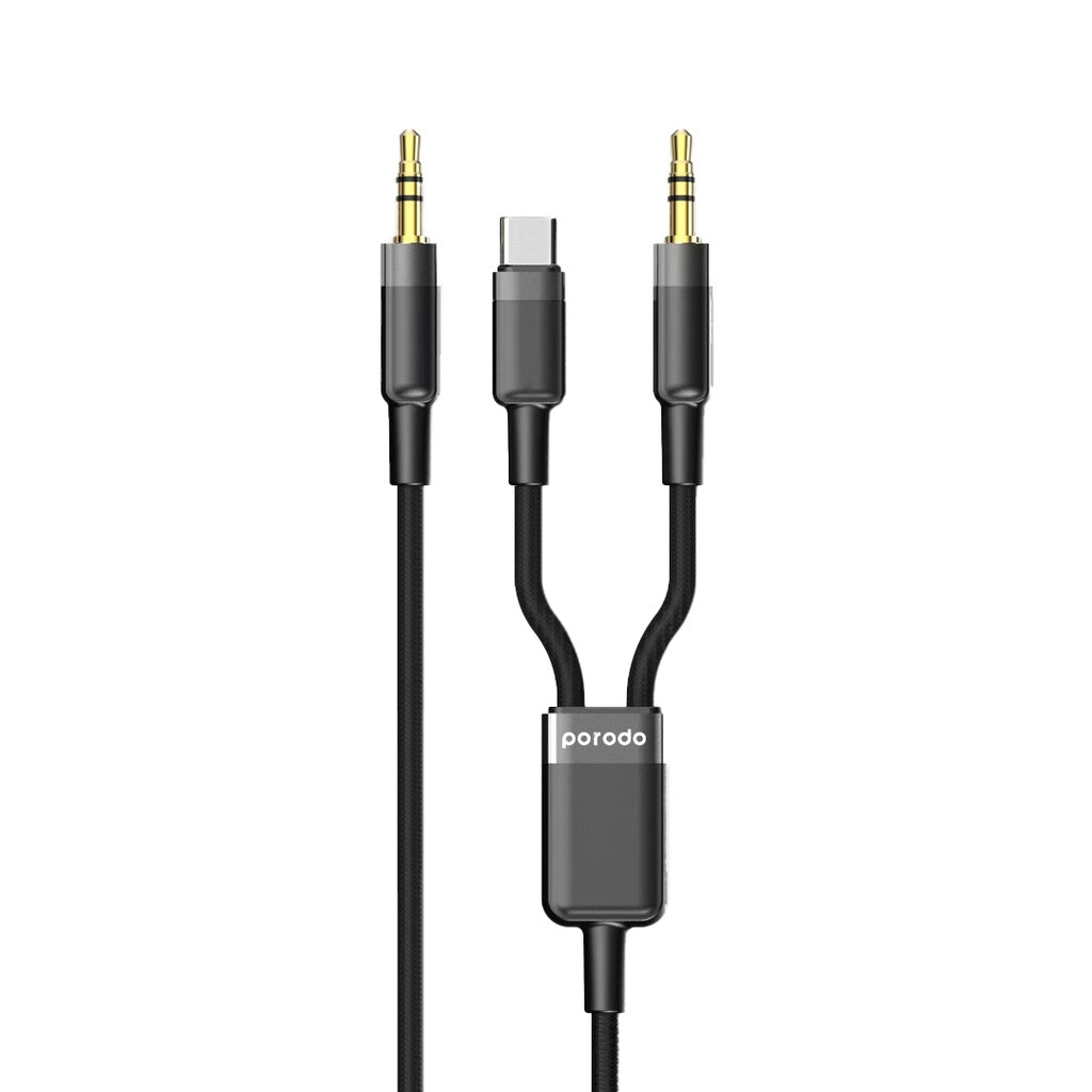 كيبل بورودو 2 في 1 من AUX 3.5mm الى تايب سي و 3.5mm بطول 1.2 متر - اسود | Porodo 2in1 AUX 3.5mm to 3.5mm + Type-C Audio Cable 1.2M – Black