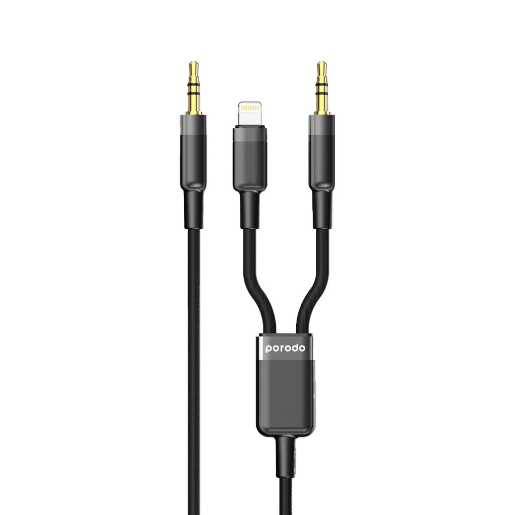 كيبل بورودو 2 في 1 من AUX 3.5mm الى لايتننغ و 3.5mm بطول 1.2 متر - اسود | Porodo 2in1 AUX 3.5mm to 3.5mm + Lightning Audio Cable 1.2M – Black