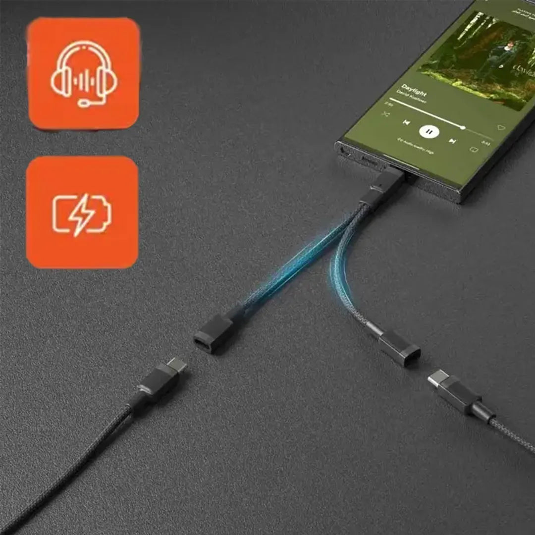 محول بورودو 2 في 1 تايب سي الى عدد 2 تايب سي للشحن وتشغيل السماعات - اسود | Porodo 2in1 Type-C to Dual Type-C Jack Headphone & Charging Converter Adapter – Black