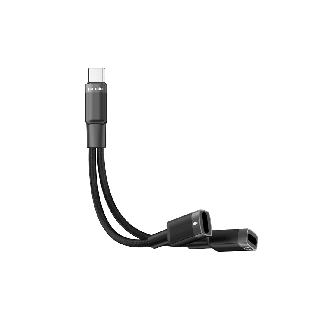 محول بورودو 2 في 1 تايب سي الى عدد 2 تايب سي للشحن وتشغيل السماعات - اسود | Porodo 2in1 Type-C to Dual Type-C Jack Headphone & Charging Converter Adapter – Black