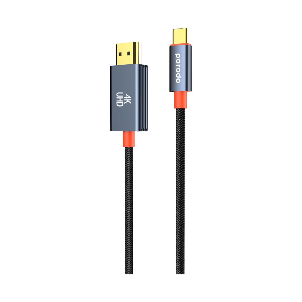 كيبل بورودو من تايب سي الى اج دي ام اي بطول 2 متر - اسود | Porodo Alum. Alloy Woven Cable Type-C to HDMI 2m – Black