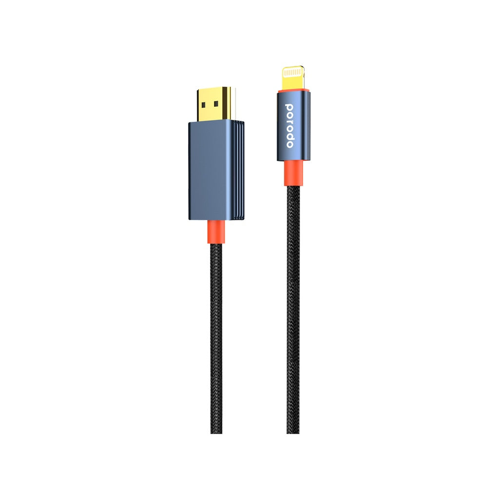 كيبل لايتننغ الى اج دي ام اي من بورودو بنسيج معدني - اسود | Porodo Alum. Alloy Woven Cable Lightning to HDMI 2m – Black