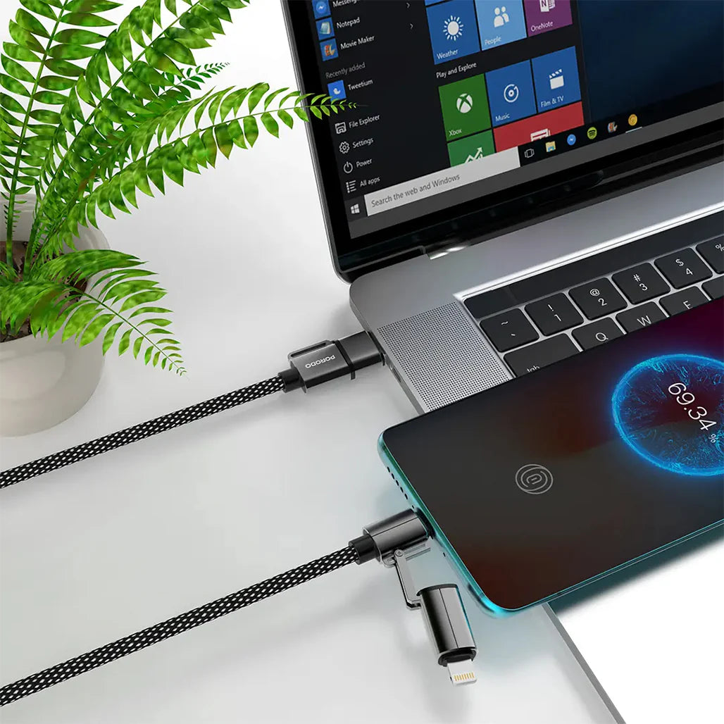 كيبل بورودو 4 في 1 مضفر بطول 1.2 متر بقدرة شحن تصل الى 100 واط - اسود | Porodo Zinc Alloy 4-in-1 Braided Fast Charging Cable 1.2M 100W – Black