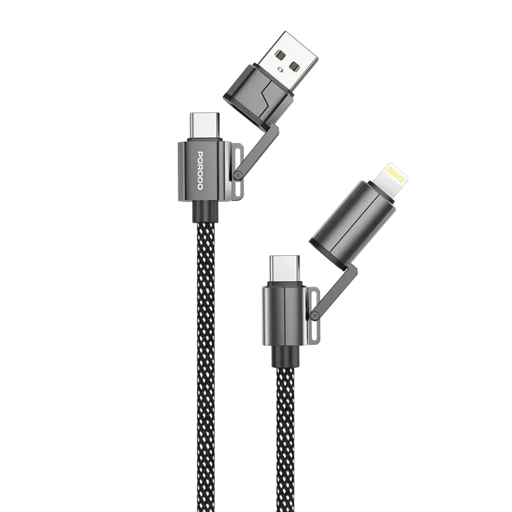 كيبل بورودو 4 في 1 مضفر بطول 1.2 متر بقدرة شحن تصل الى 100 واط - اسود | Porodo Zinc Alloy 4-in-1 Braided Fast Charging Cable 1.2M 100W – Black
