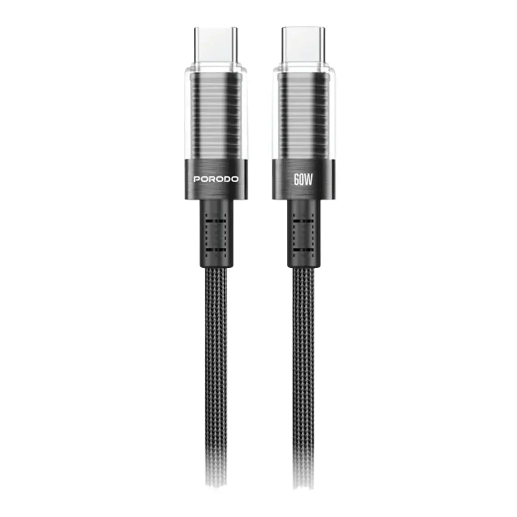 كيبل بورودو المضفر برأس شفاف من يو اس بي سي الى يو اس بي سي بطول 1.2 متر, شحن سريع بقدرة 60 واط - اسود | Porodo Braided 60W PD C to C Fast Charging Cable with Transparent Head 1.2M - Black.
