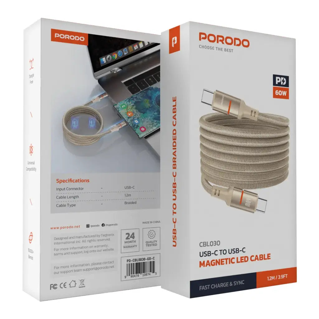 كيبل بورودو مغناطيسي مضفر يو اس بي سي الى يو اس بي سي بقدرة 60 واط وطول 1.2 متر | Porodo Magnetic Type-C to Type-C Braided Cable 60W 1.2M.