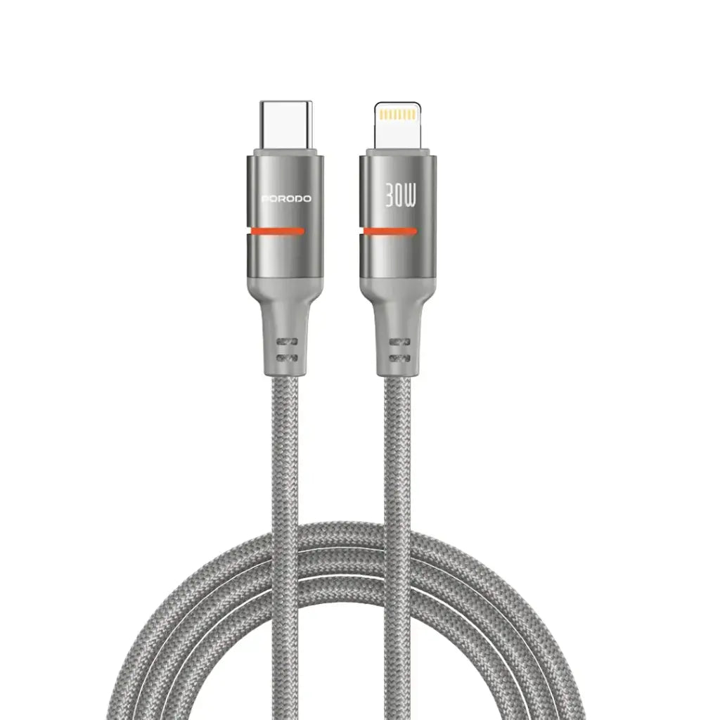 بورودو كيبل مضفر يو اس بي سي الى لايتننغ بقدرة شحن 30 واط وطول 3 متر - رمادي | Porodo 30W Type-C to Lightning Braided Cable 3M - Grey