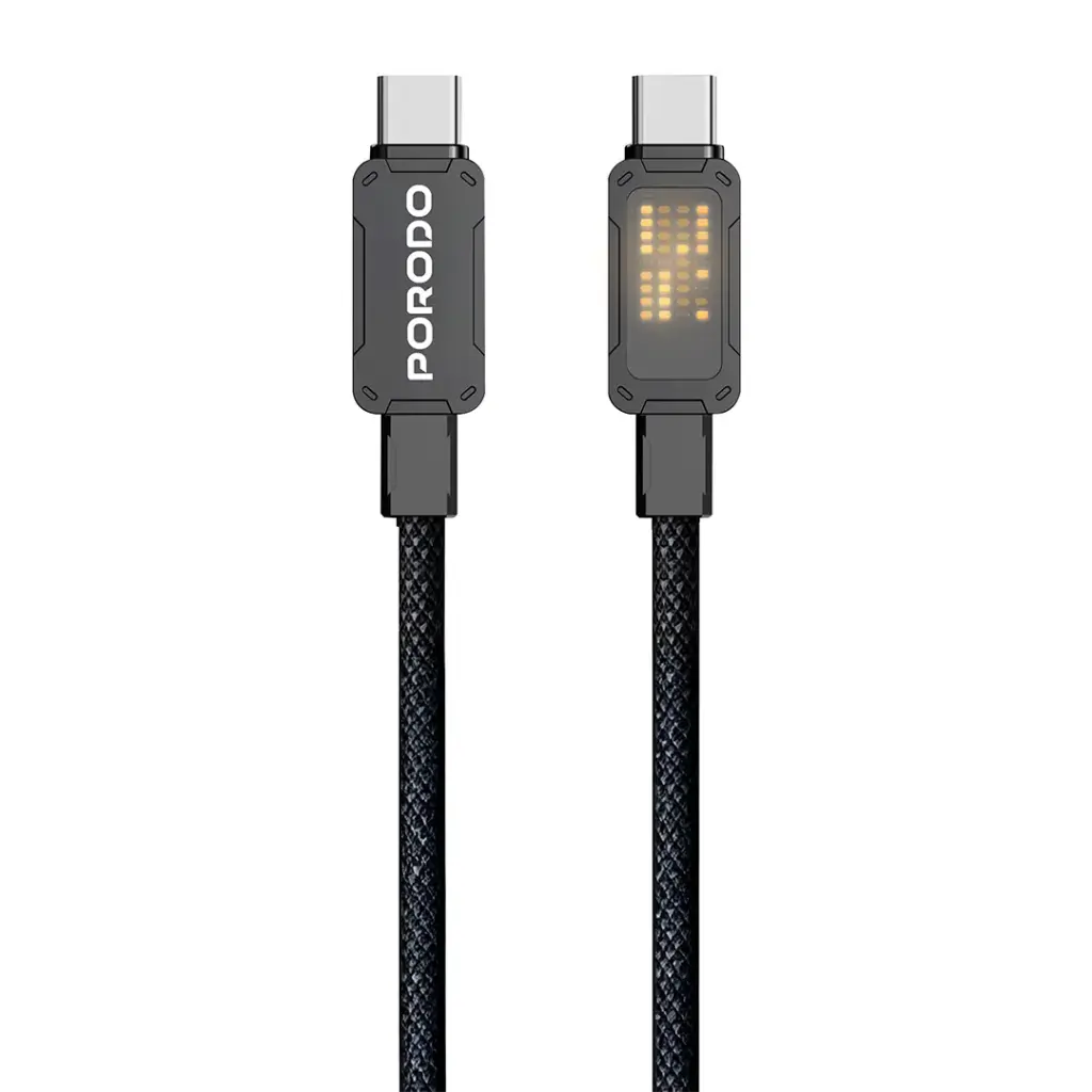 كيبل بورودو يو اس بي سي الى يو اس بي سي مضفر بقدرة 100 واط وطول 1 متر - اسود | Porodo 100W Pixelated Braided USB-C to USB-C 1M Cable - Black.