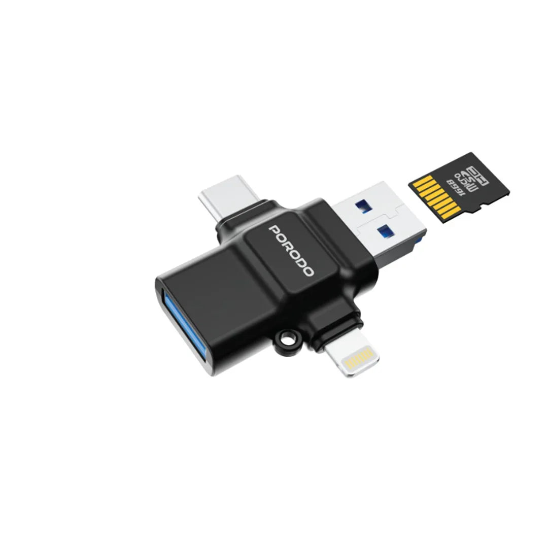 محول OTG وقارئ بطاقات 4 في 1 من بورودو - اسود | Porodo 4-in-1 OTG Adapter with TF Card Reader - Black.