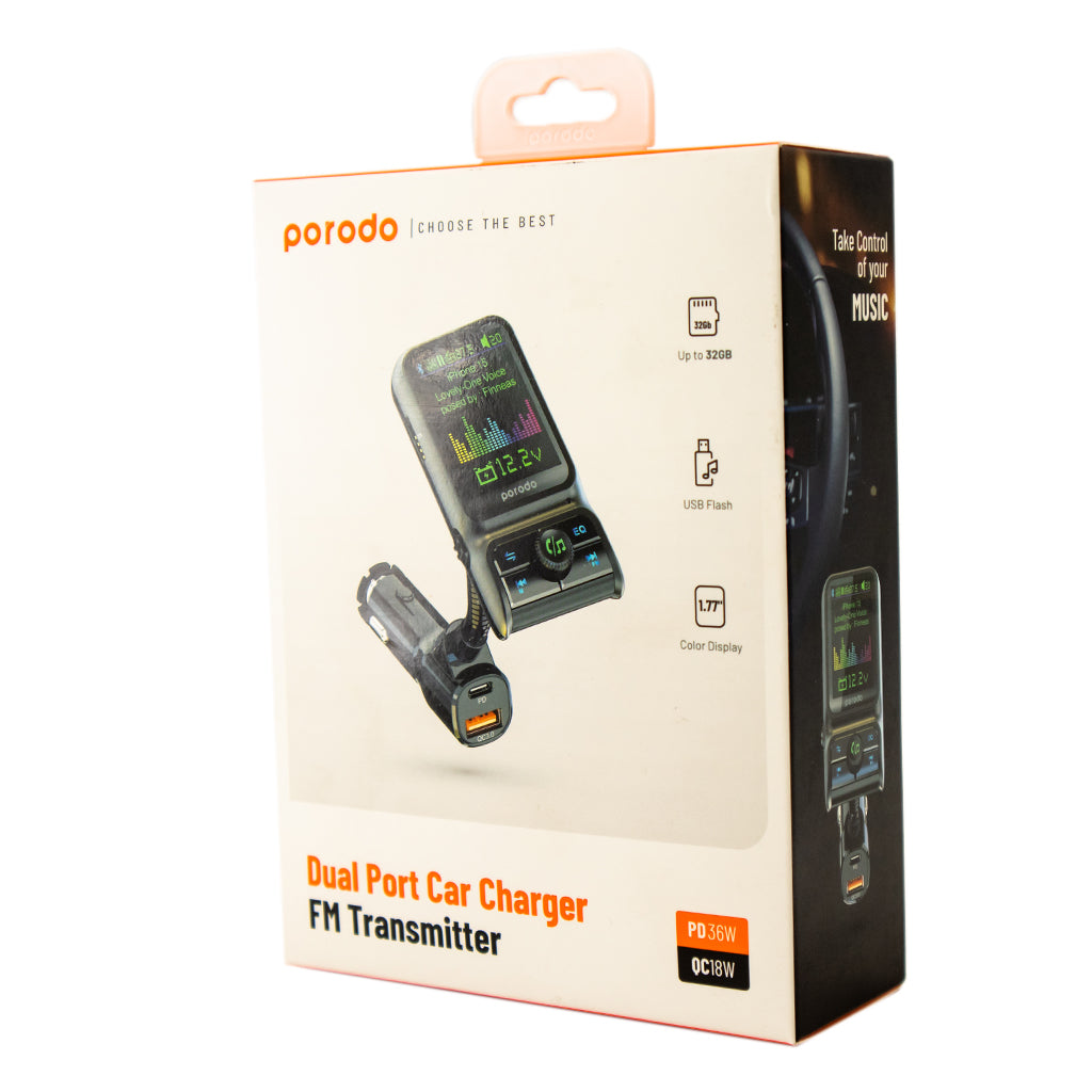 شاحن سيارة ثنائي المنافذ مع مرسل FM وشحن سريع بقدرة 36 واط - اسود | Porodo Dual Port Car Charger FM Transmitter PD 36W QC 18W - Black