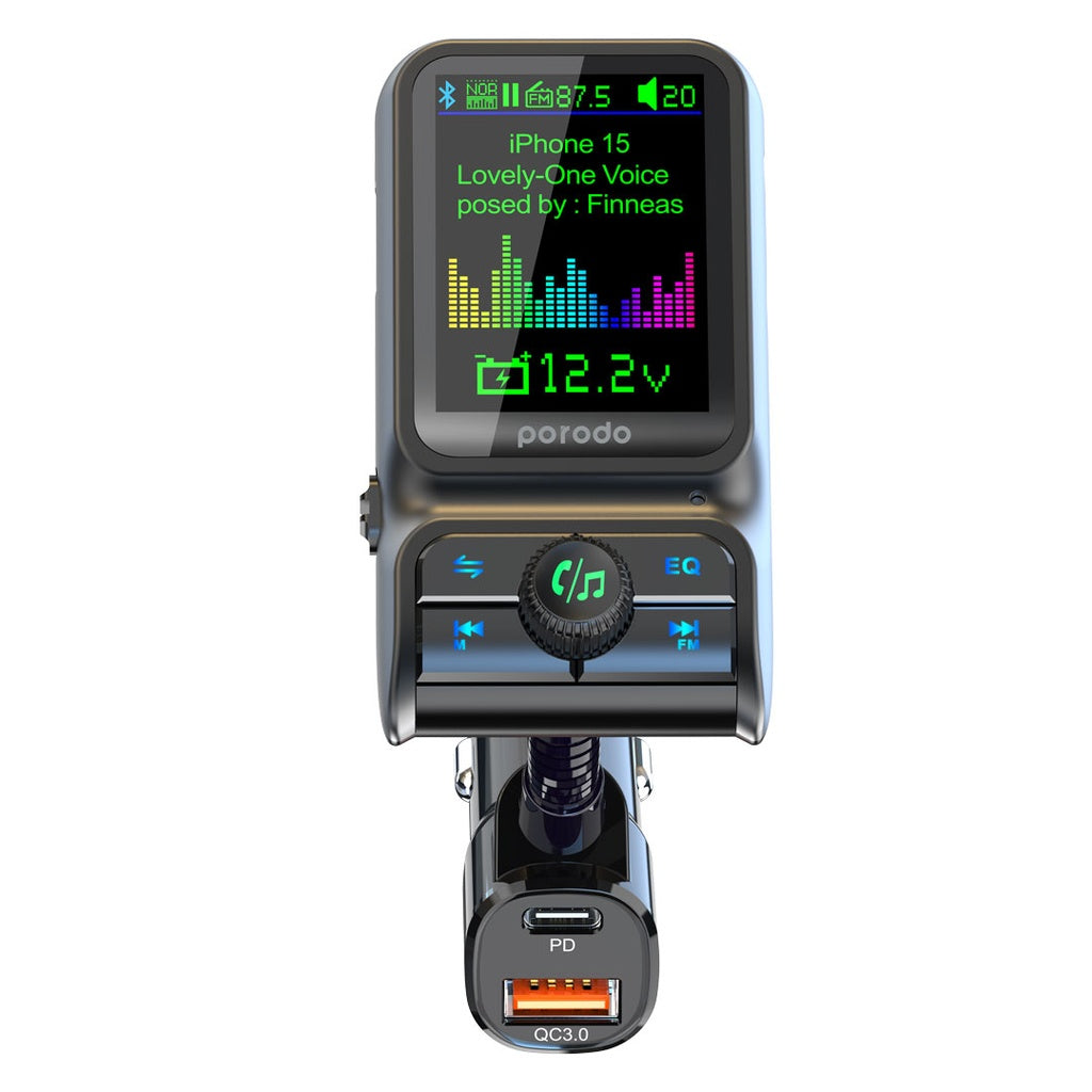 شاحن سيارة ثنائي المنافذ مع مرسل FM وشحن سريع بقدرة 36 واط - اسود | Porodo Dual Port Car Charger FM Transmitter PD 36W QC 18W - Black