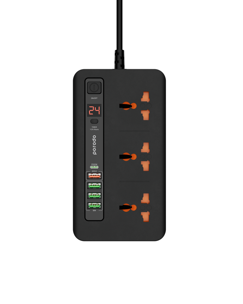 وصلة كهربائية بورودو متعددة المنافذ مع 6 منافذ AC و 4 منافذ تايب سي و 2 تايب اي, كيبل بطول 2 متر | Porodo Multi-Port Power HUB 4 USB-C / USB-A Ultimate Home & Office Kit 2M.