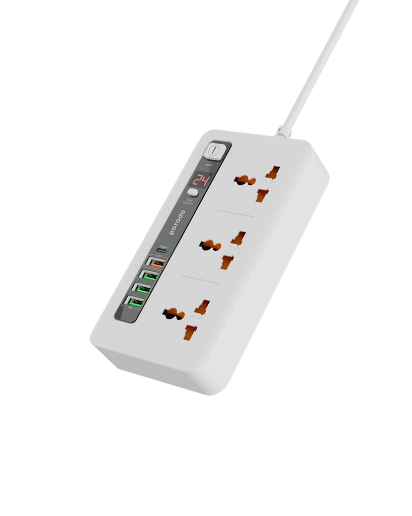 وصلة كهربائية بورودو متعددة المنافذ مع 6 منافذ AC و 4 منافذ تايب سي و 2 تايب اي, كيبل بطول 2 متر | Porodo Multi-Port Power HUB 4 USB-C / USB-A Ultimate Home & Office Kit 2M.