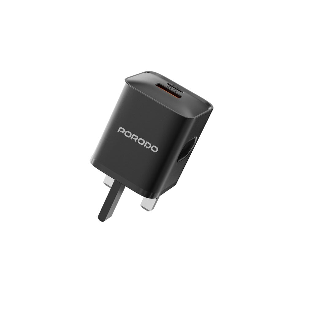 بورودو شاحن جداري بمنفذي يو اس بي سي ويو اس بي اي, بقدرة شحن سريع 20 واط - اسود | Porodo Dual Port Wall Charger with 20W Fast Charging - Black