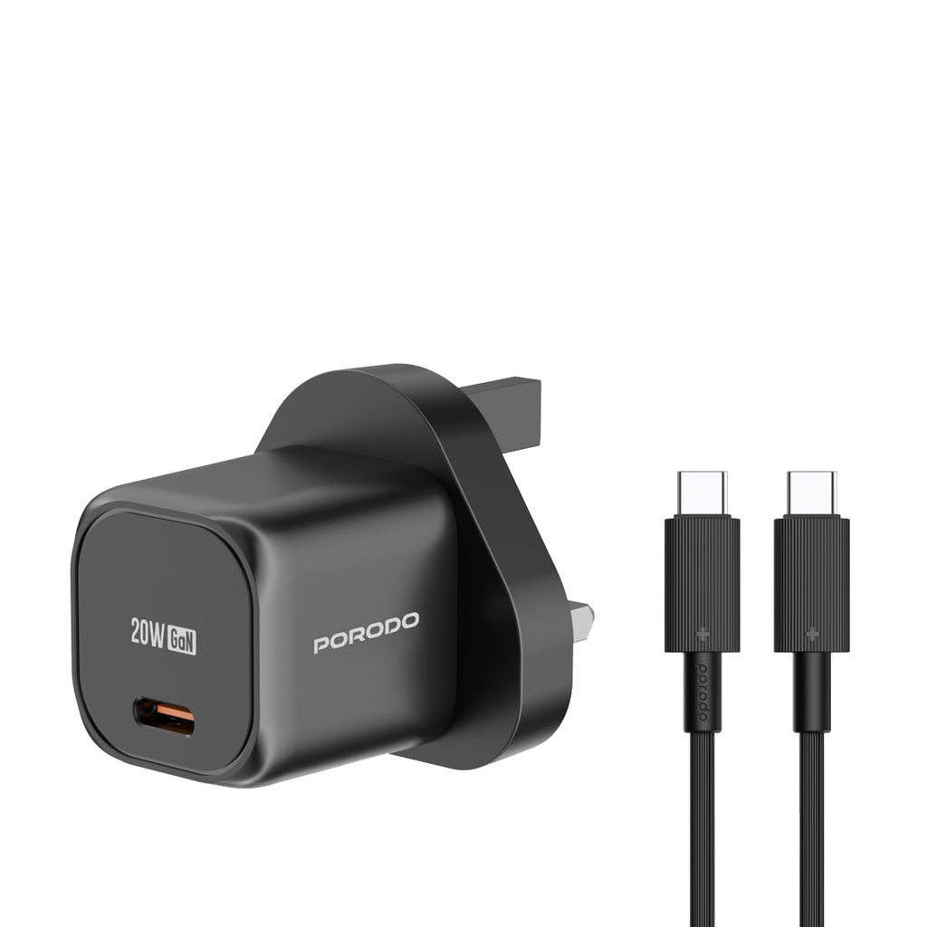 شاحن بورودو سريع 20 واط مع كيبل يو اس بي سي الى يو اس بي سي - اسود | Porodo PD 20W UK Fast Charger with Type-C to Type-C Cable – Black