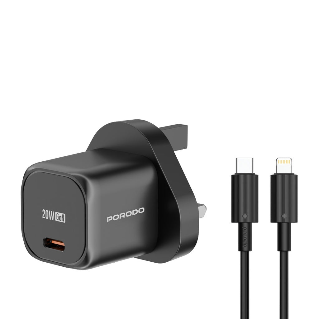 شاحن بورودو السريع 20 واط بمنفذ يو اس بي سي مع كيبل تايب سي الى لايتننغ - اسود | Porodo PD 20W UK Fast Charger with USB-C to Lightning Cable – Black