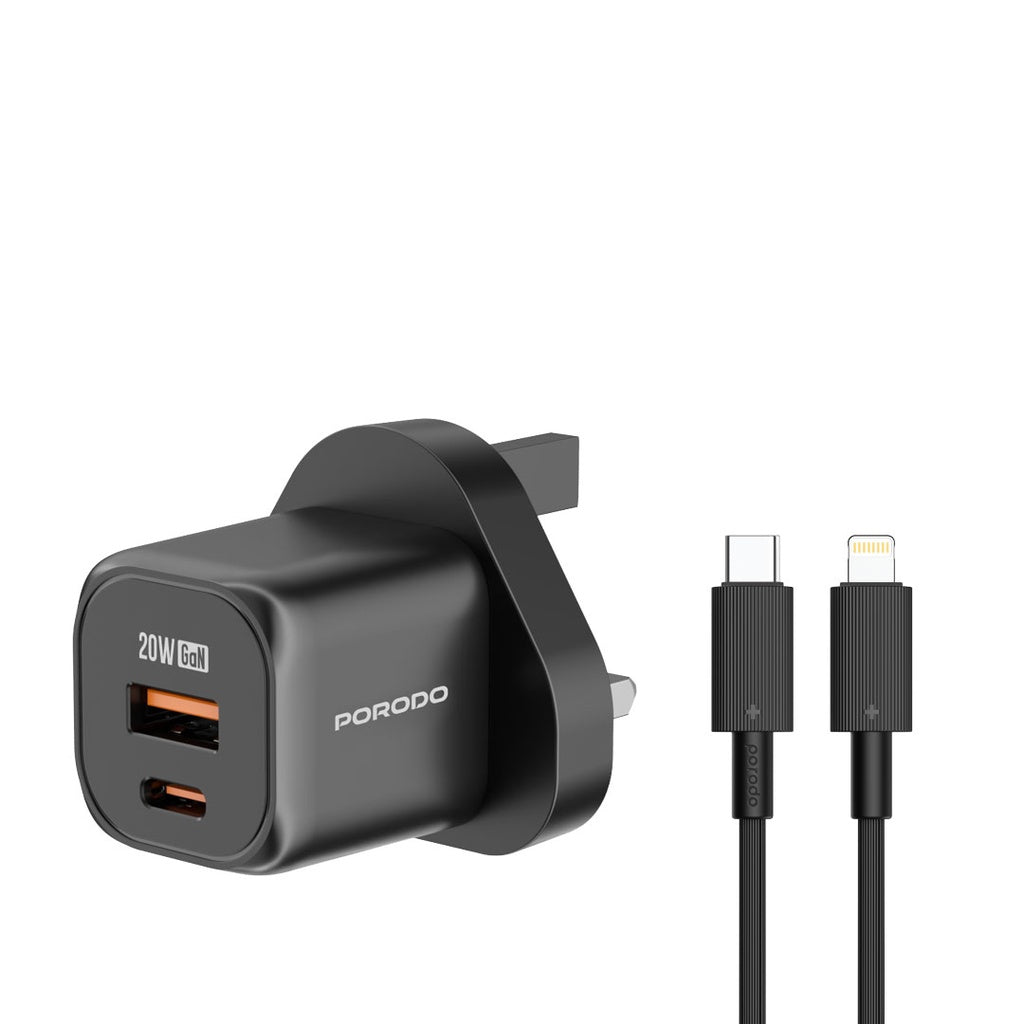 شاحن بورودو السريع 20 واط USB QC3.0 مع كيبل تايب سي الى لايتننغ بطول 1.2 متر - اسود | Porodo PD 20W USB QC3.0 UK Fast Charger with USB-C to Lightning Cable 1.2M – Black
