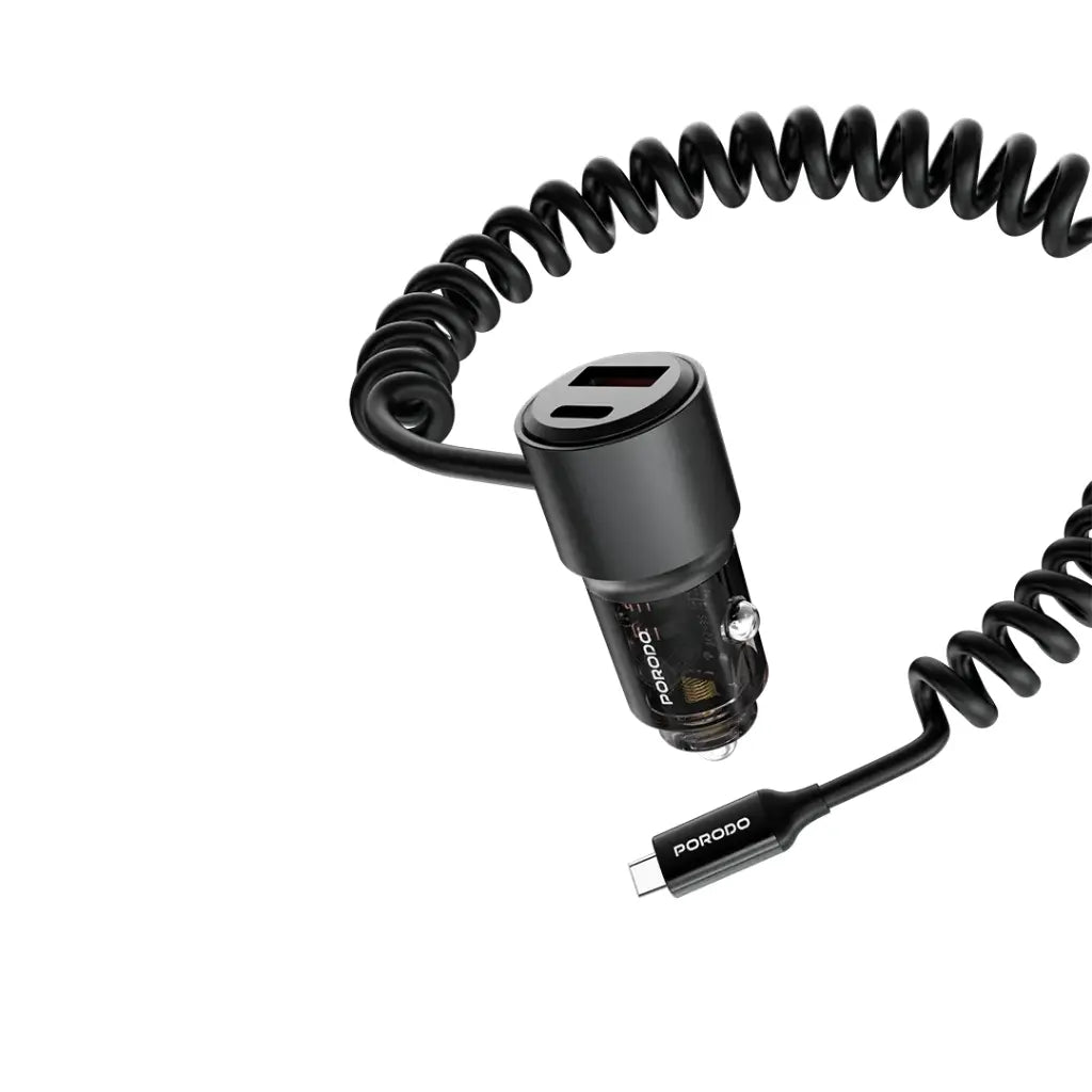 شاحن سيارة بورودو الشفاف مع كيبل تايب سي مدمج, شحن سريع بقدرة 110 واط | Porodo 110W Transparent Car Charger with Coiled Cable.