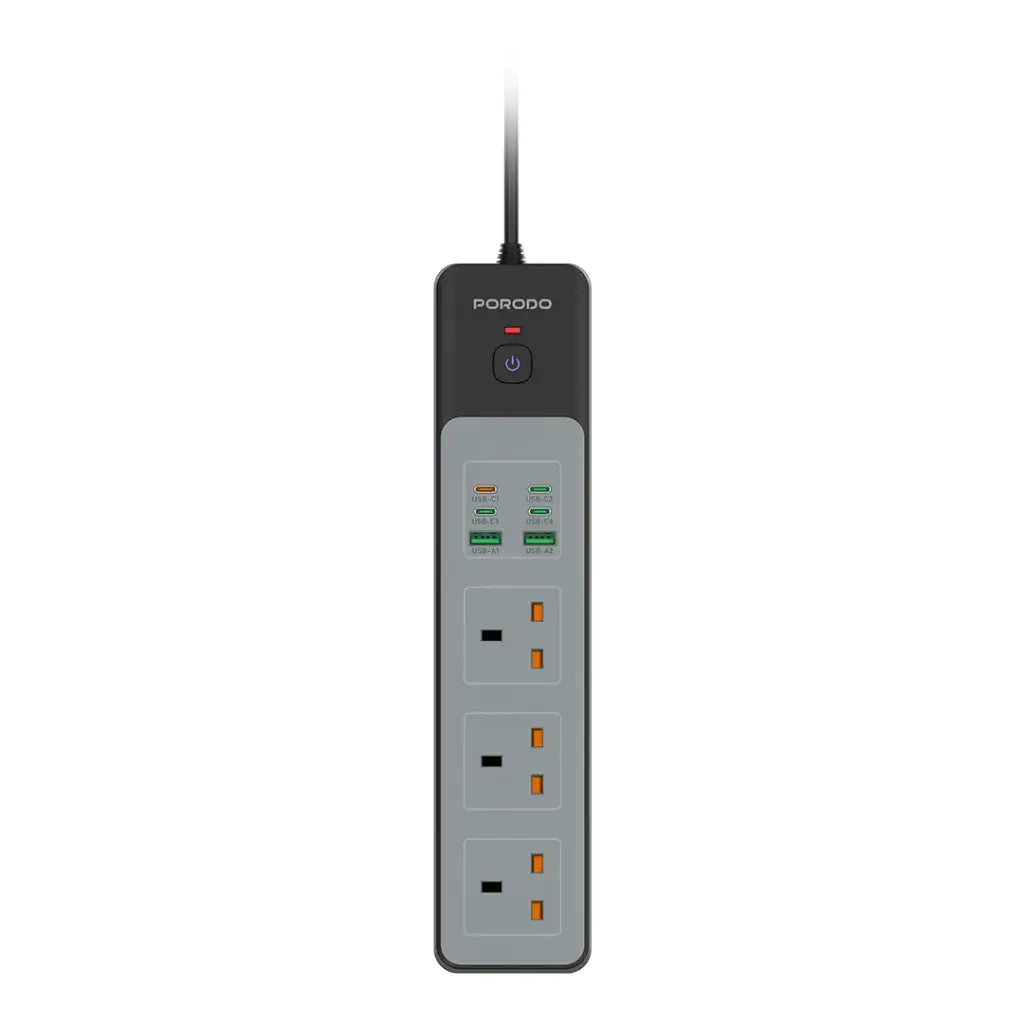 وصلة كهربائية 3000 واط من بورودو, ب 3 منافذ AC وقدرة شحن سريع 45 واط | Porodo 3000W Power Strip With 3AC Outlets and 45W Fast charging.