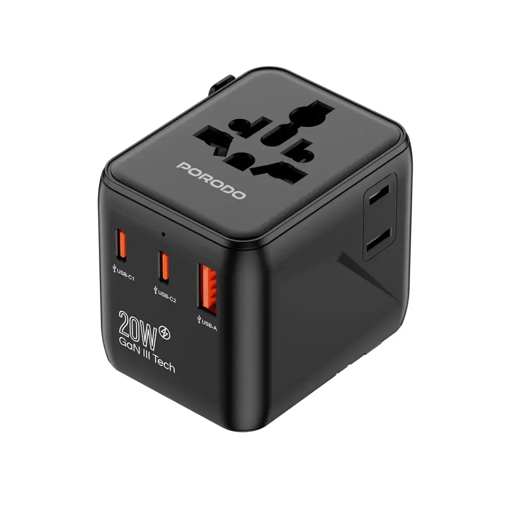 محول سفر عالمي من بورودو, شاحن GaN بقدرة 20 واط ومنفذ QC 3.0 - اسود | Porodo Universal Travel Adapter GaN PD 20W + QC3.0 Fast Charger– Black