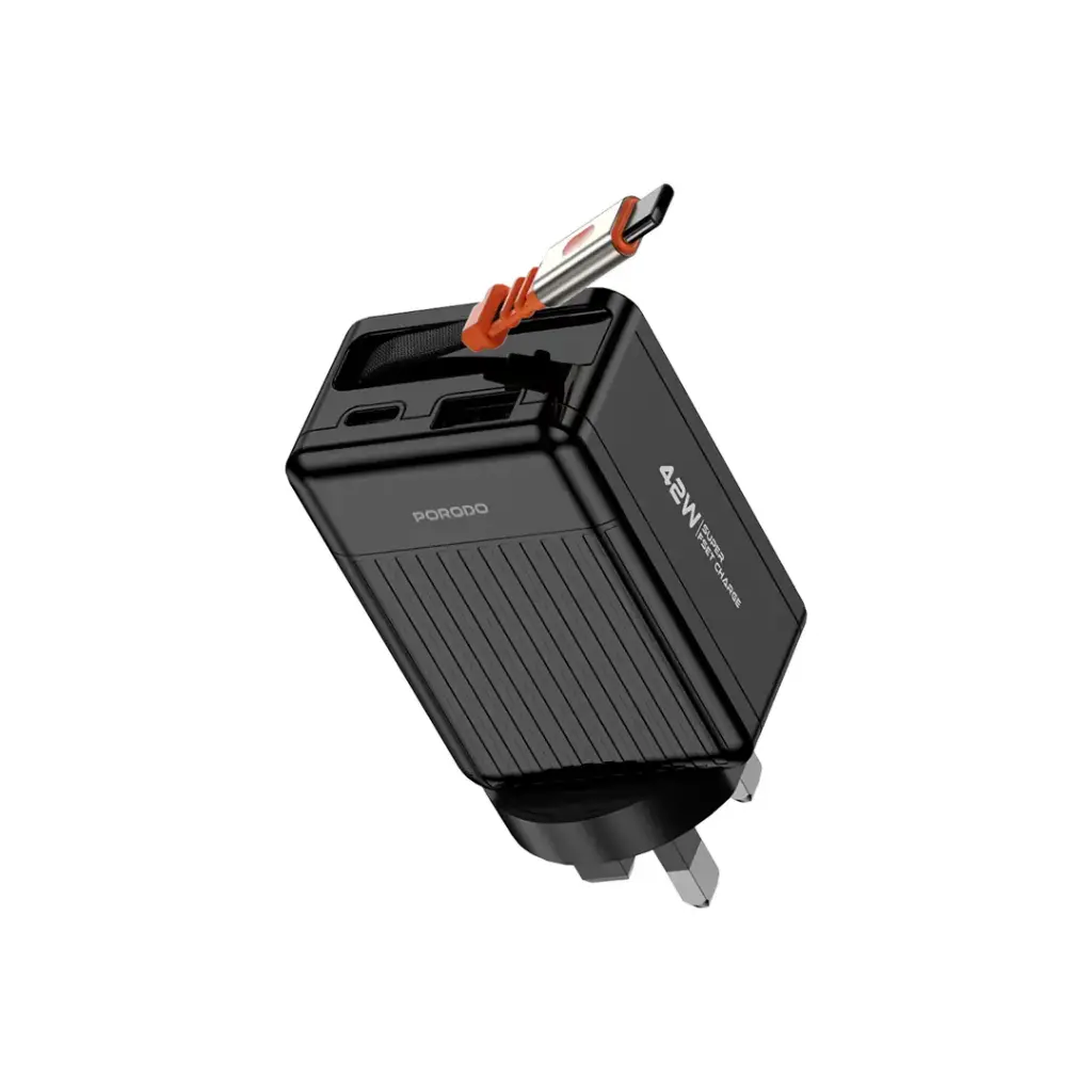 بورودو شاحن GaN سريع 42 واط مع كيبل تايب سي مدمج قابل للسحب بطول 75 سم | Porodo 42W Retractable 75cm Type-C GaN Charger.