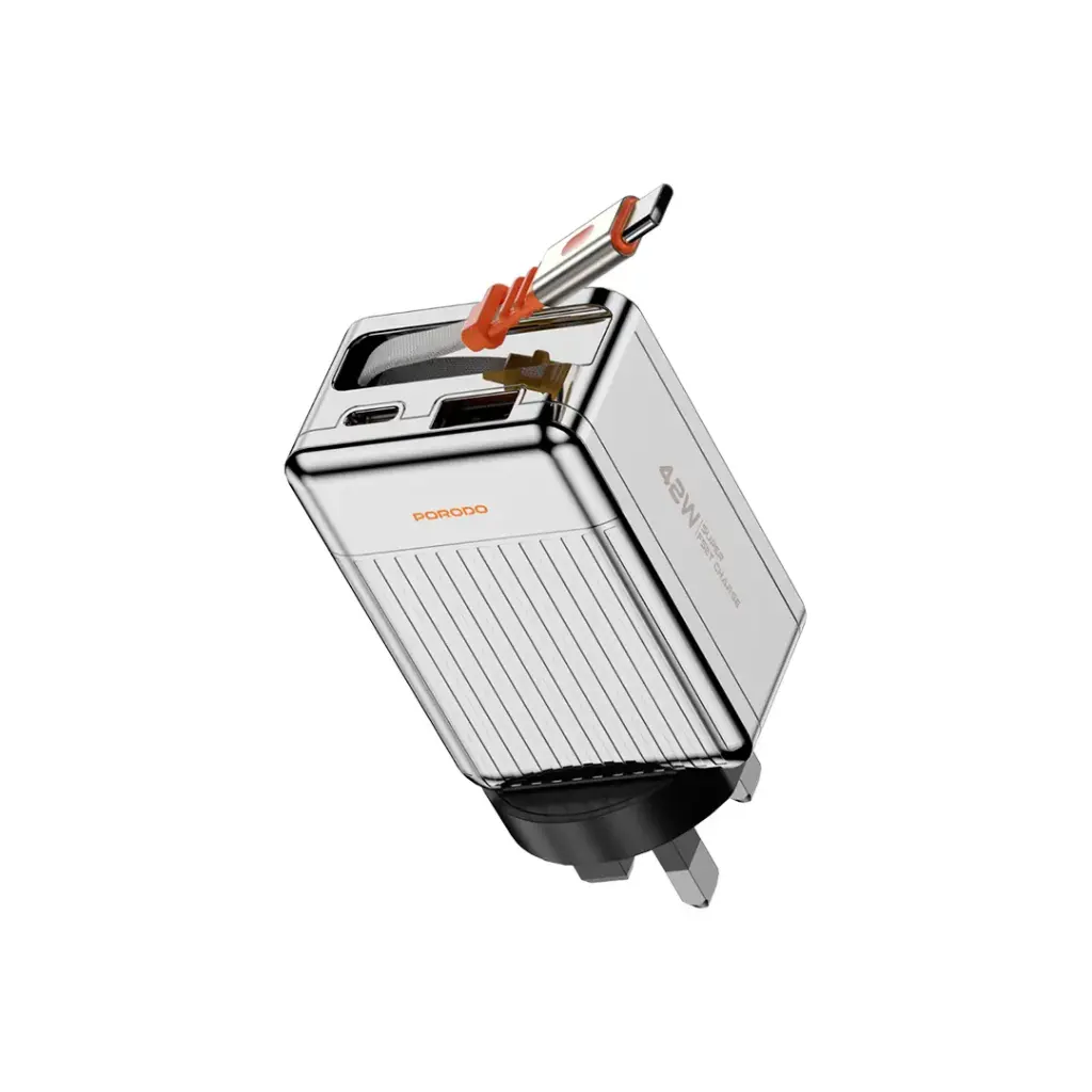 بورودو شاحن GaN سريع 42 واط مع كيبل تايب سي مدمج قابل للسحب بطول 75 سم | Porodo 42W Retractable 75cm Type-C GaN Charger.