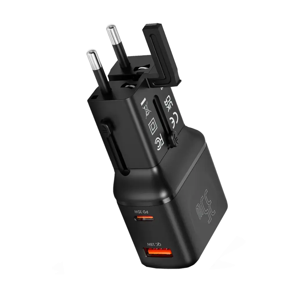 شاحن السفر الجيبي من بورودو, شحن سريع بقدرة 35 واط مع مقابس متعددة - اسود | Porodo PD35W Pocket Travel Charger with UK/EU/US/AU Plugs – Black