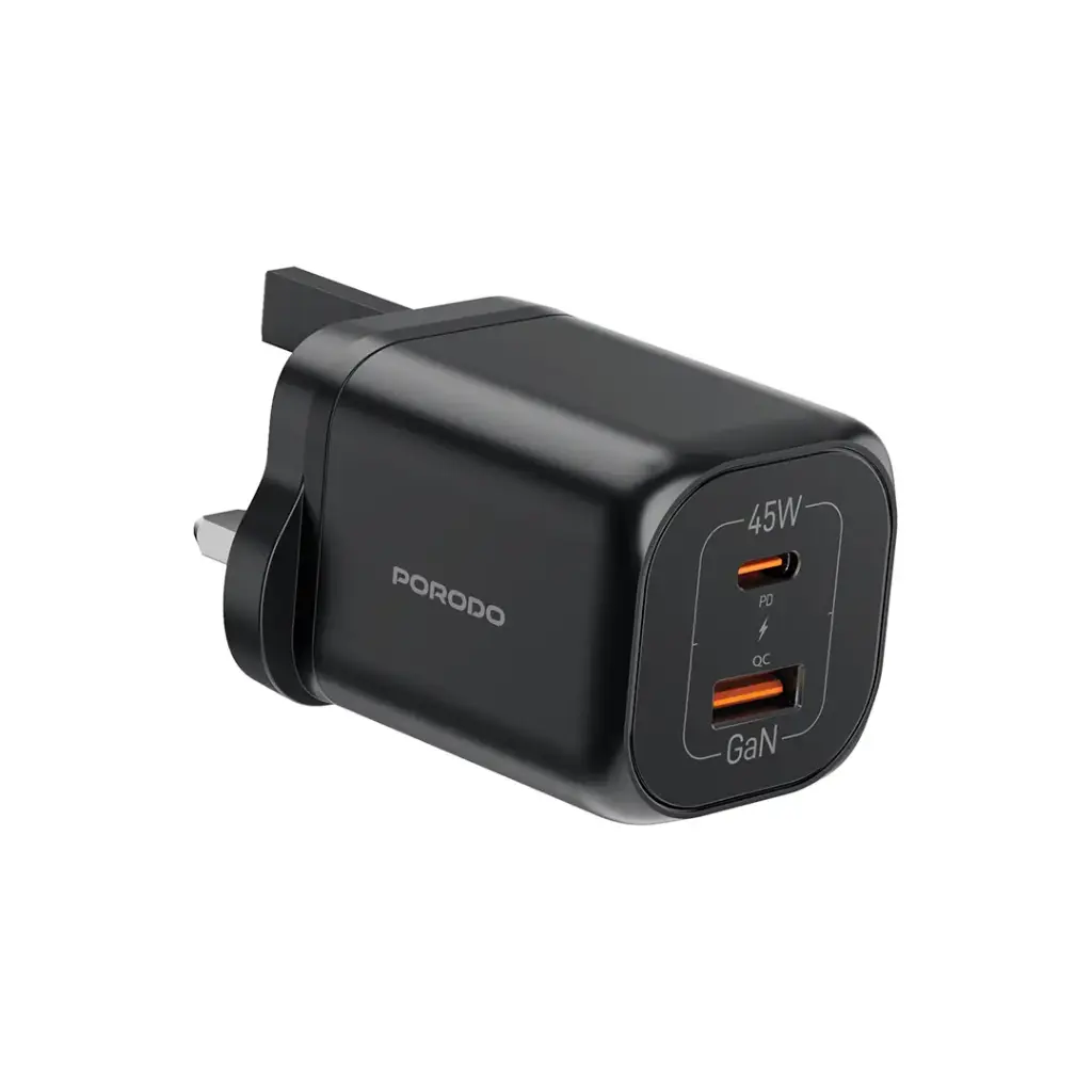 شاحن GaN بورودو شحن سريع 45 واط بمنفذ يو اس بي سي و يو اس بي اي - اسود | Porodo PD45W GaN Dual USB+C Fast Charger UK Plug - Black.