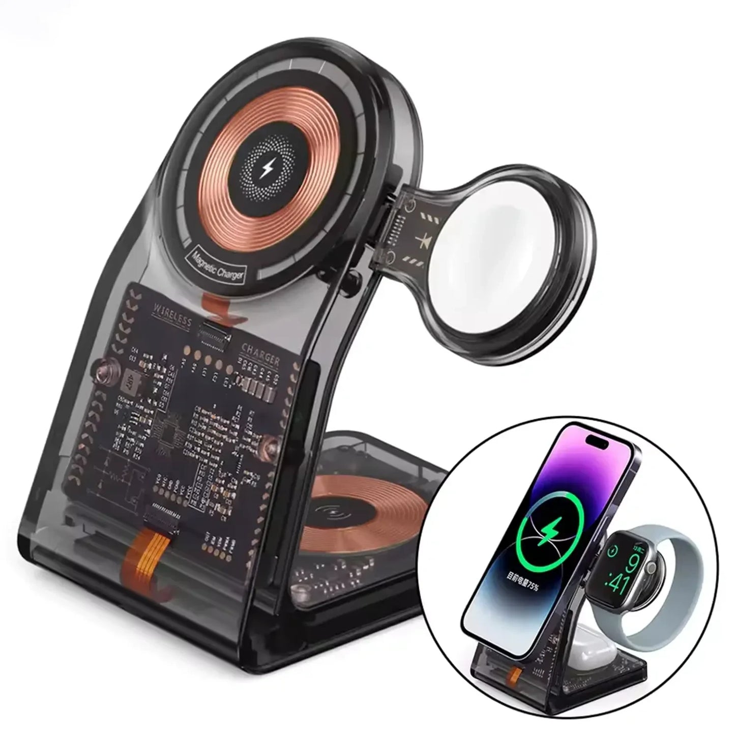 بورودو شاحن لاسلكي مغناطيسي متعدد الوظائف بقدرة شحن لاسلكي 15 واط - اسود | Porodo 15W All-in-One Transparent Glass Lenses Multifunctional Magnetic Wireless Charging Stand - Black