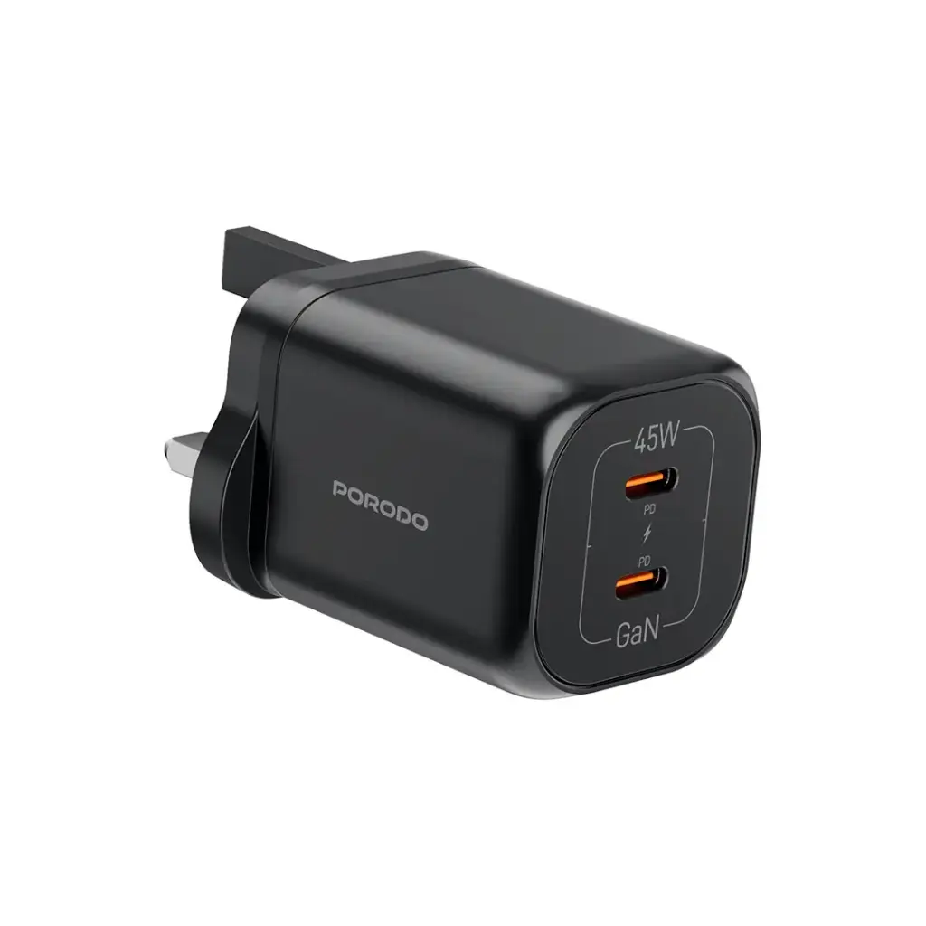 بورودو شاحن جداري بمنفذين يو اس بي سي بتقنية GaN وشحن سريع بقدرة 45 واط - اسود | Porodo PD45W GaN Dual USB-C Fast Charger - Black