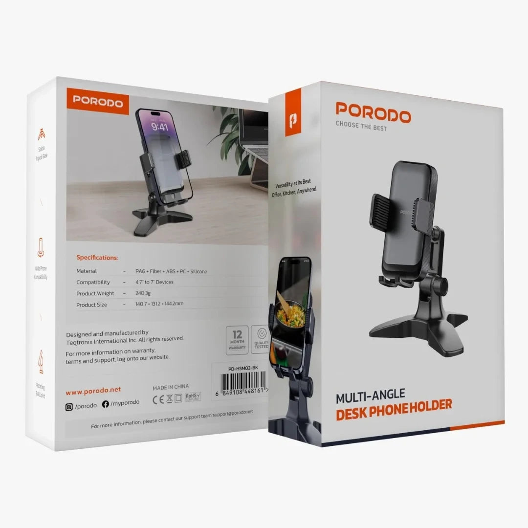 حامل هاتف مكتبي متعدد الزوايا من بورودو لهواتف بحجم 4.7 انش حتى 7 انش - اسود | Porodo Universal Adjustable 4.7" to 7" Phone Stand – Black