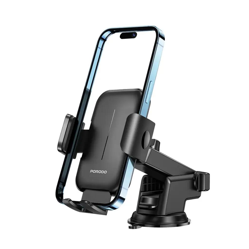حامل جوال عالمي للسيارة من بورودو مع مشبك قابل للتعديل - اسود | Porodo Universal Adjustable Clamp Car Phone Stand for Dashboard & Windshield – Black