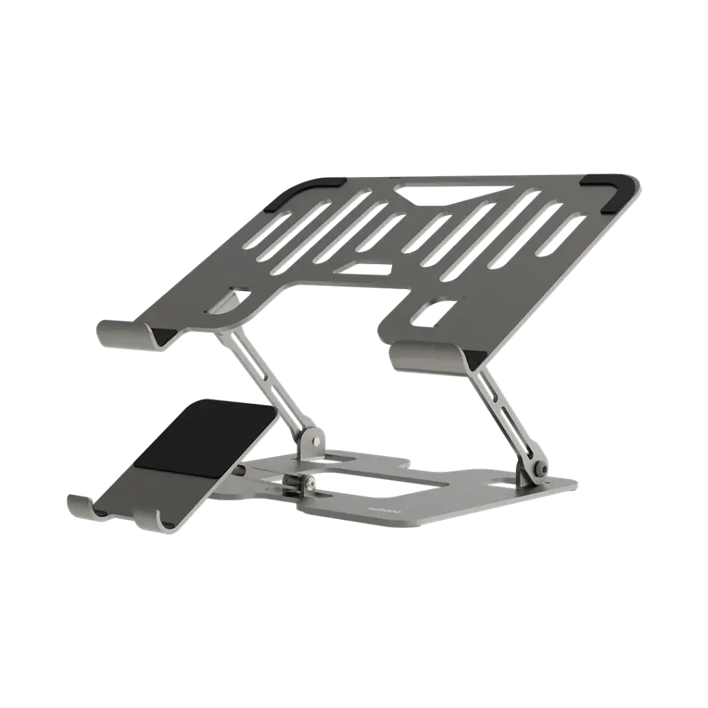 حامل بورودو الذكي القابل للطي 2 في 1, لاجهزة اللابتوب والهاتف - فضي | Porodo 2-in-1 Adjustable and Foldable Laptop with Phone Stand - Silver.
