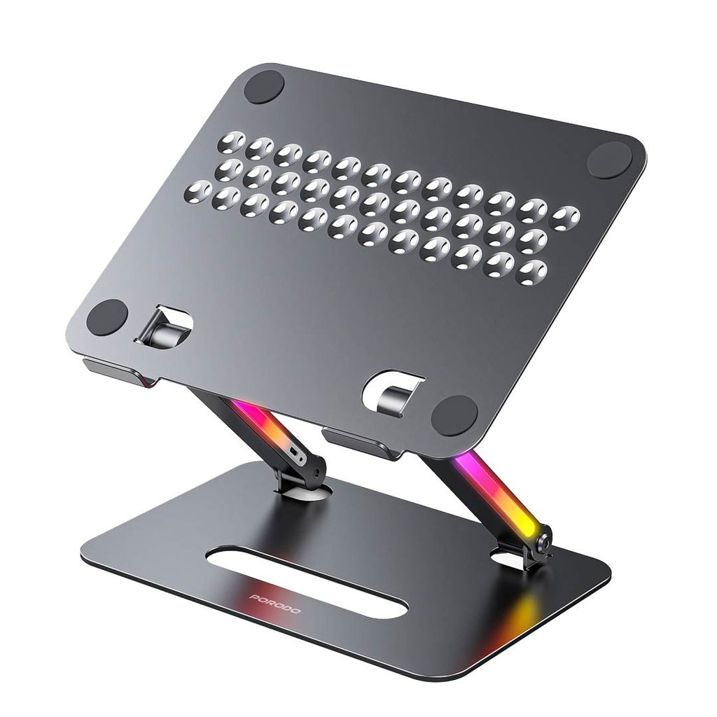 حامل لابتوب المنيوم قابل للتعديل والطي مع اضائة RGB من بورودو - رمادي | Porodo Aluminum Alloy Adjustable and Foldable Laptop Bracket with LED - Grey