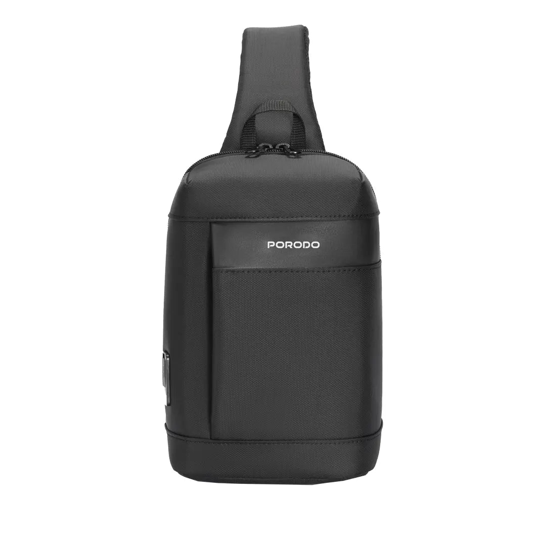 حقيبة بوردو الجانبية المقاومة للماء مع منفذ شحن يو اس بي سي - اسود | Porodo Lifestyle Water-Resistant Nylon Side Bag with USB-C Port – Black.