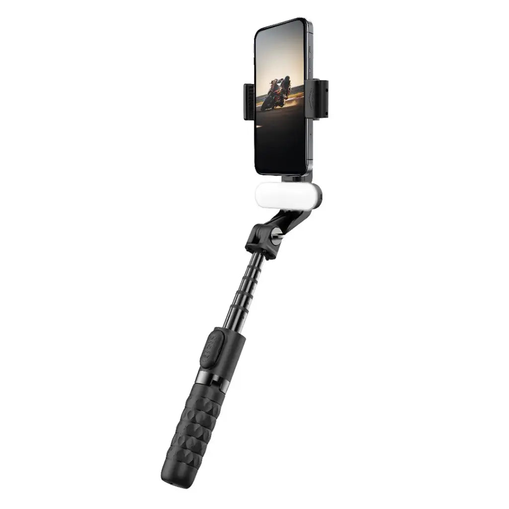 عصا سيلفي مع ترايبود من بورودو جيمبال مع ضوء اضافي وجهاز تحكم - اسود | Porodo Gimbal Stabilizer Selfie Stick Tripod with Fill Light & Detachable Remote - Black