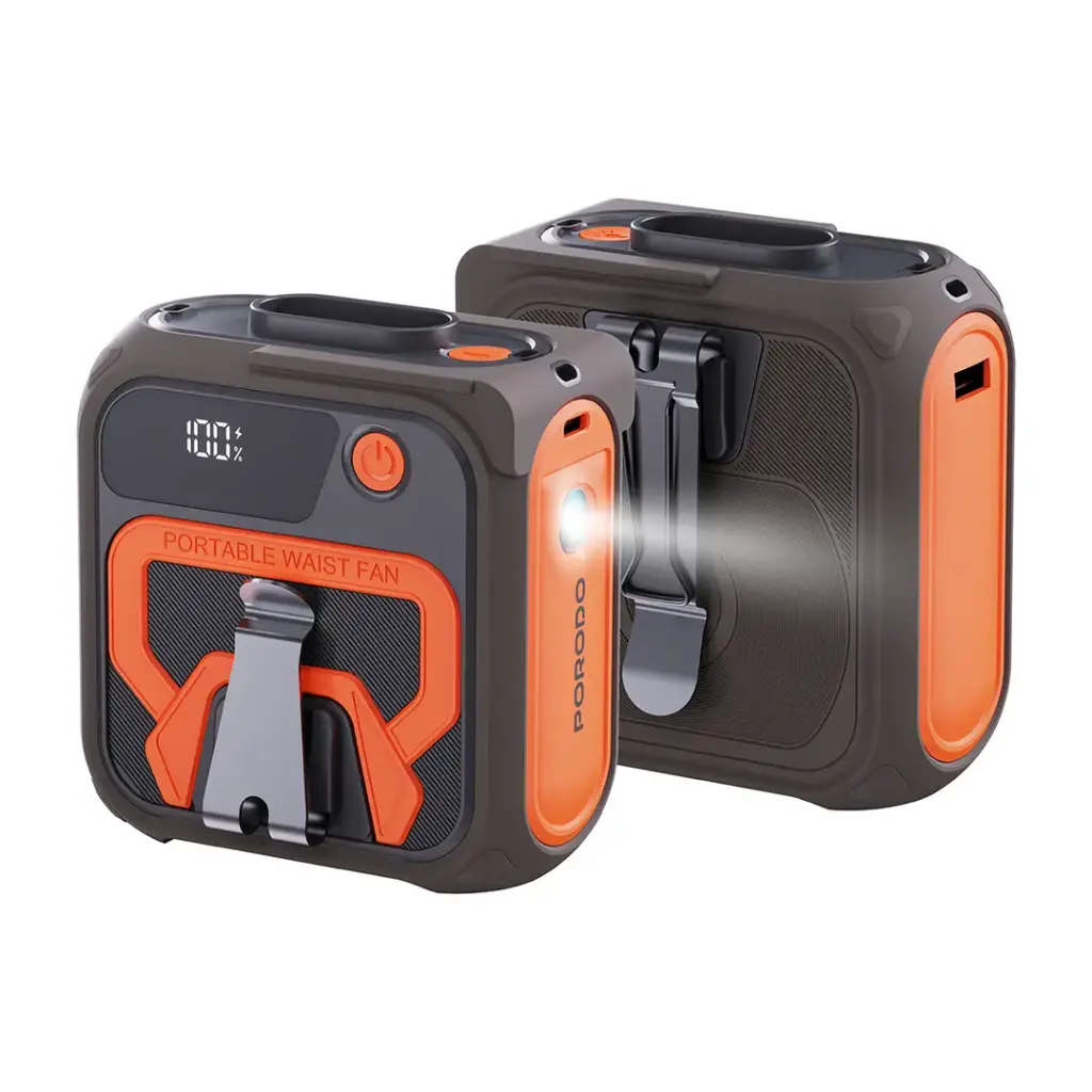 مروحة خصر مع كشاف من بورودو, بطارية بسعة 10000 مللي امبير - بني/برتقالي | Porodo Waist Fan with Mount Flashlight 10000mAh Battery - Brown/Orange