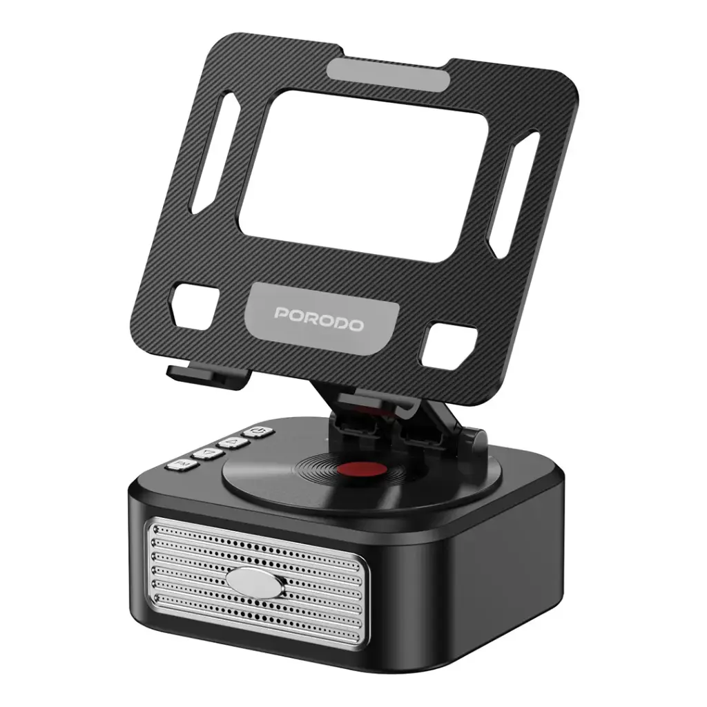 سماعة بلوتوث 5 واط مع حامل تابلت قابل للطي والدوران 360 درجة من بورودو لايف ستايل - اسود | Porodo Lifestyle 5W Bluetooth Speaker with 360° Adjustable Foldable Tablet Holder