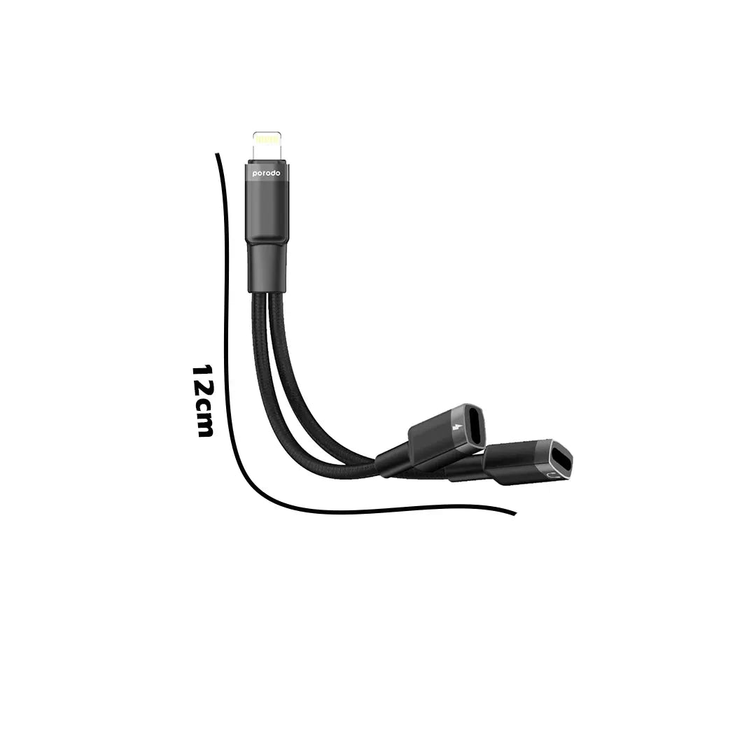 محول بورودو 2 في 1 من لايتننغ الى عدد 2 لايتننغ للشحن وسماعات الرأس - اسود | Porodo 2in1 Lightning to Dual Lightning Jack Headphone & Charging Adapter – Black