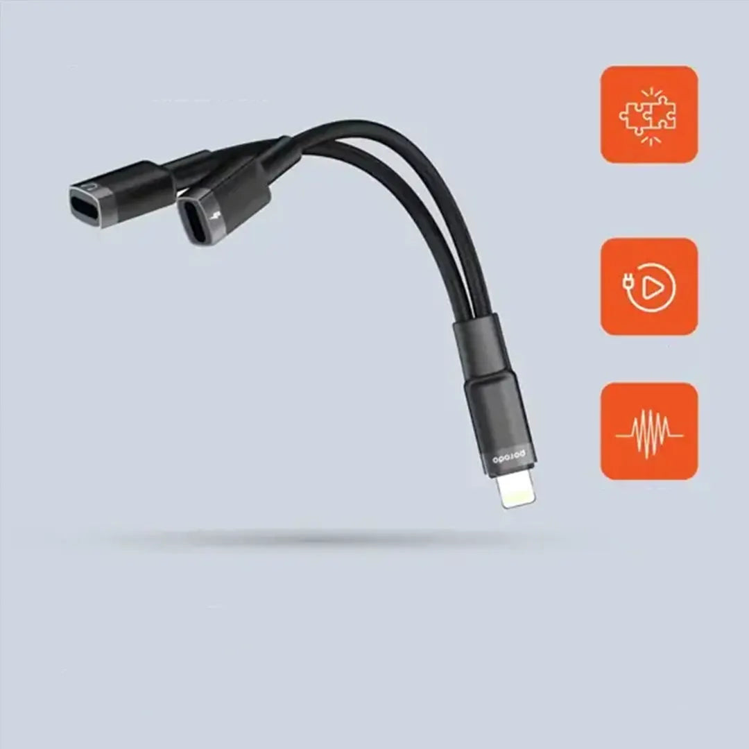 محول بورودو 2 في 1 من لايتننغ الى عدد 2 لايتننغ للشحن وسماعات الرأس - اسود | Porodo 2in1 Lightning to Dual Lightning Jack Headphone & Charging Adapter – Black