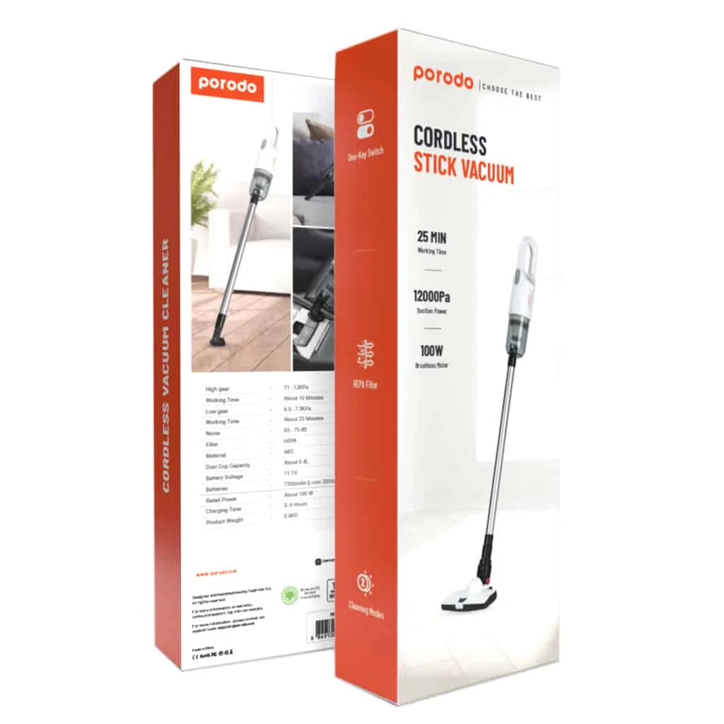 مكنسة كهربائية محمولة لاسلكية بقدرة 100 واط من بورودو, بطارية بسعة 7800 مللي امبير - ابيض | Porodo Portable Cordless Stick Vacuum Cleaner 11-12Kpa 100W 7800mAh - White