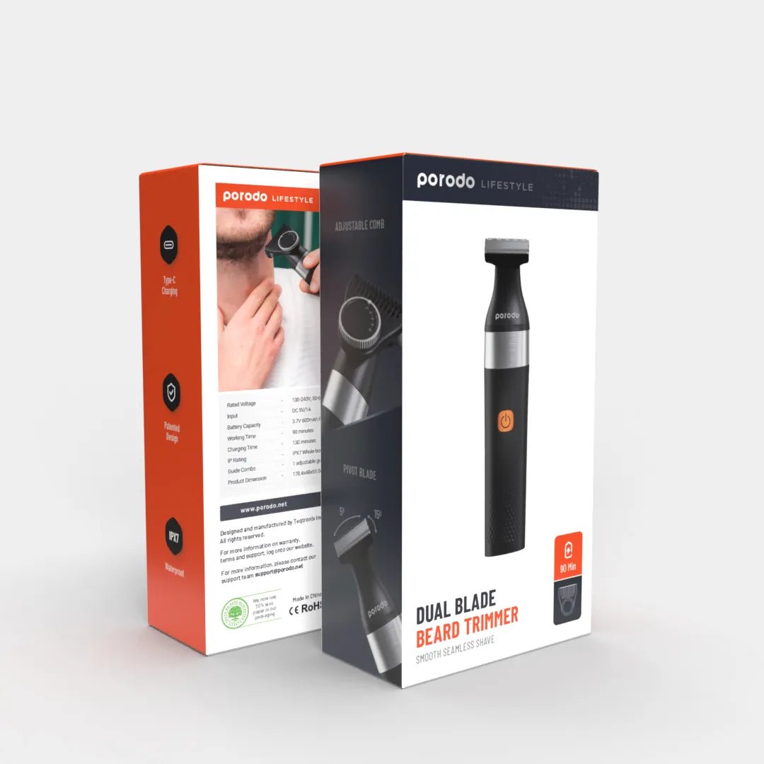 ماكينة حلاقة اللحية من بورودو لايف ستايل, قابلة لاعادة الشحن ببطارية سعة 600 مللي امبير - اسود | Porodo LifeStyle Rechargeable One-Blade Beard Trimmer 600mAh – Black