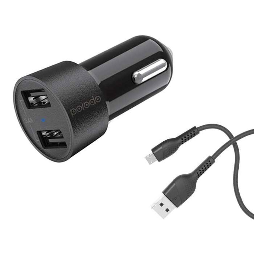 شاحن سيارة بورودو ثنائي المنافذ بقدرة 3.4A مع كيبل مايكرو يو اس بي بطول 1.2 متر - اسود | Porodo Dual USB Car Charger 3.4A with Micro USB Cable 1.2M – Black