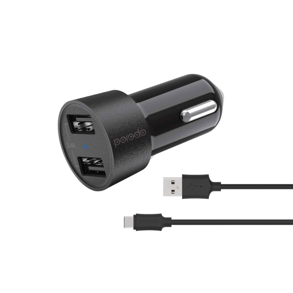 شاحن سيارة بورودو ثنائي المنفذ بقدرة 3.4A مع كيبل تايب سي بطول 1.2 متر - اسود | Porodo Dual USB Car Charger 3.4A with Type-C Cable 1.2M – Black