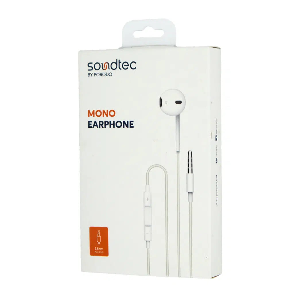 سماعة اذن احادية بمنفذ 3.5mm من بورودو ساوندتيك مع مايك عالي النقاء - ابيض | Porodo Soundtec Single Mono Earphone 3.5mm with High-Clarity Mic – White