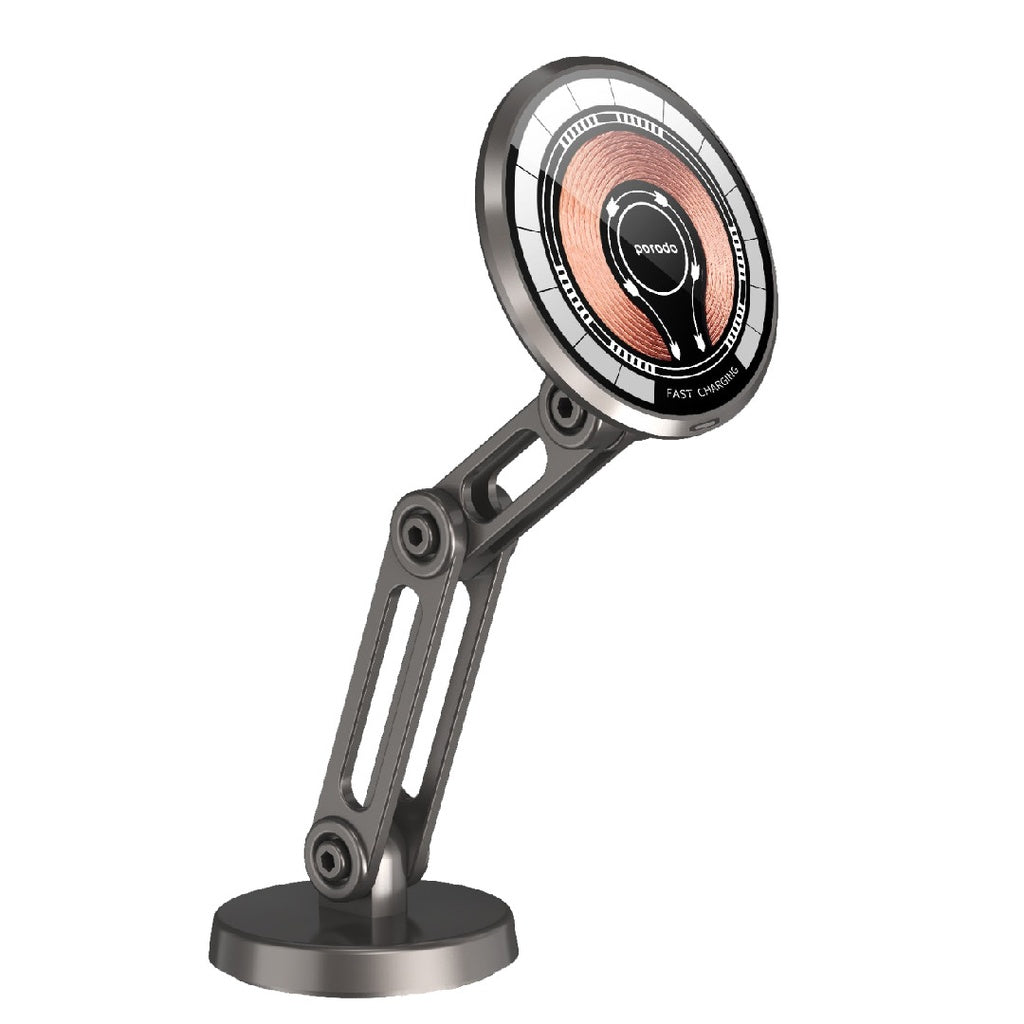 حامل هاتف مع شاحن لاسلكي مغناطيسي سريع من بورودو, مع ذراع مزدوجة ودوران 360 درجة - اسود | Porodo Magnetic Wireless Fast Charging Mount with Double Arm & 360° Rotation - Black