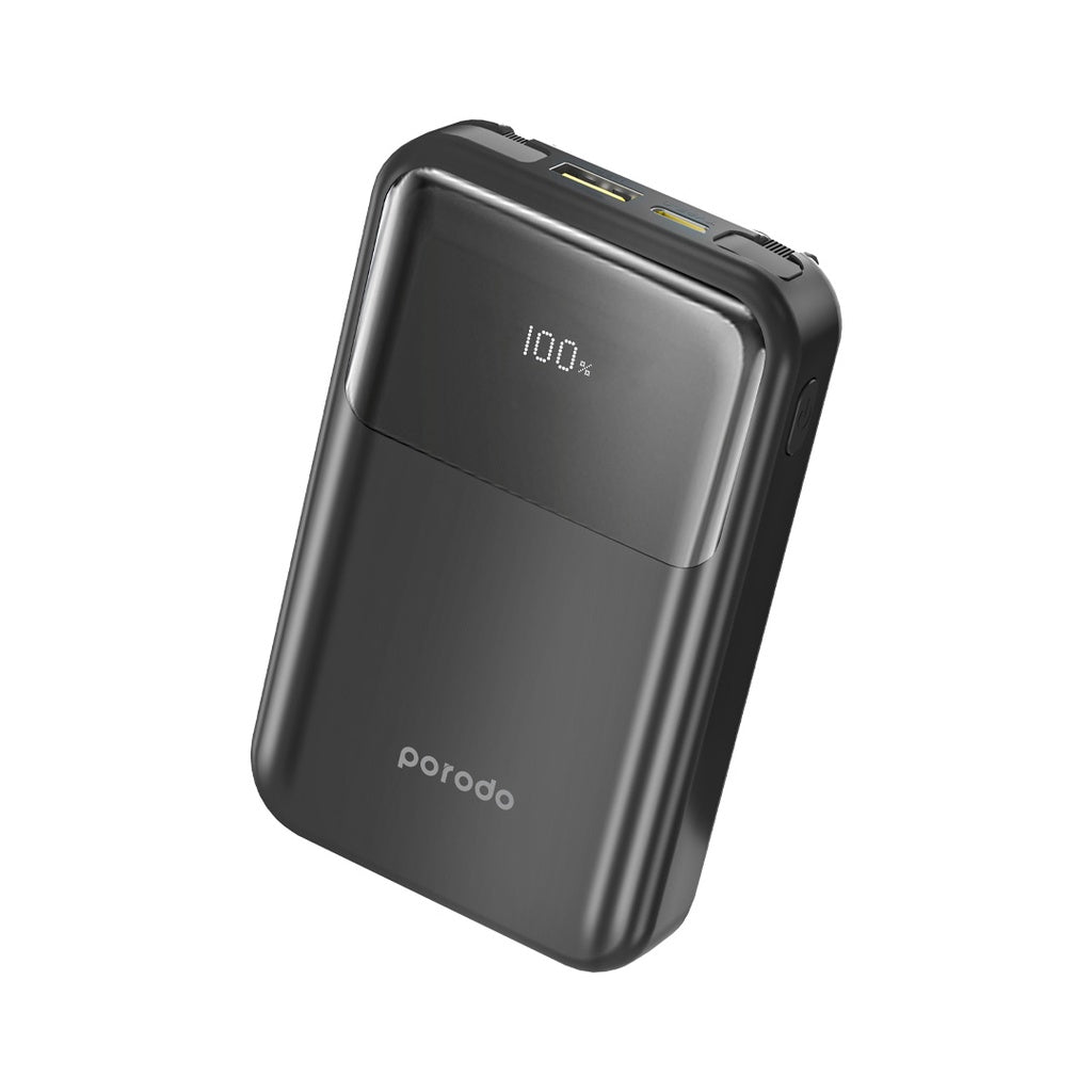 باور بانك بورودو بسعة 10000 مللي امبير مع كيبل لايتننغ وتايب سي مدمجين بقدرة 18 واط - اسود | Porodo 10000 mAh 18W Powerbank with Type C and Lightning Cable - Black