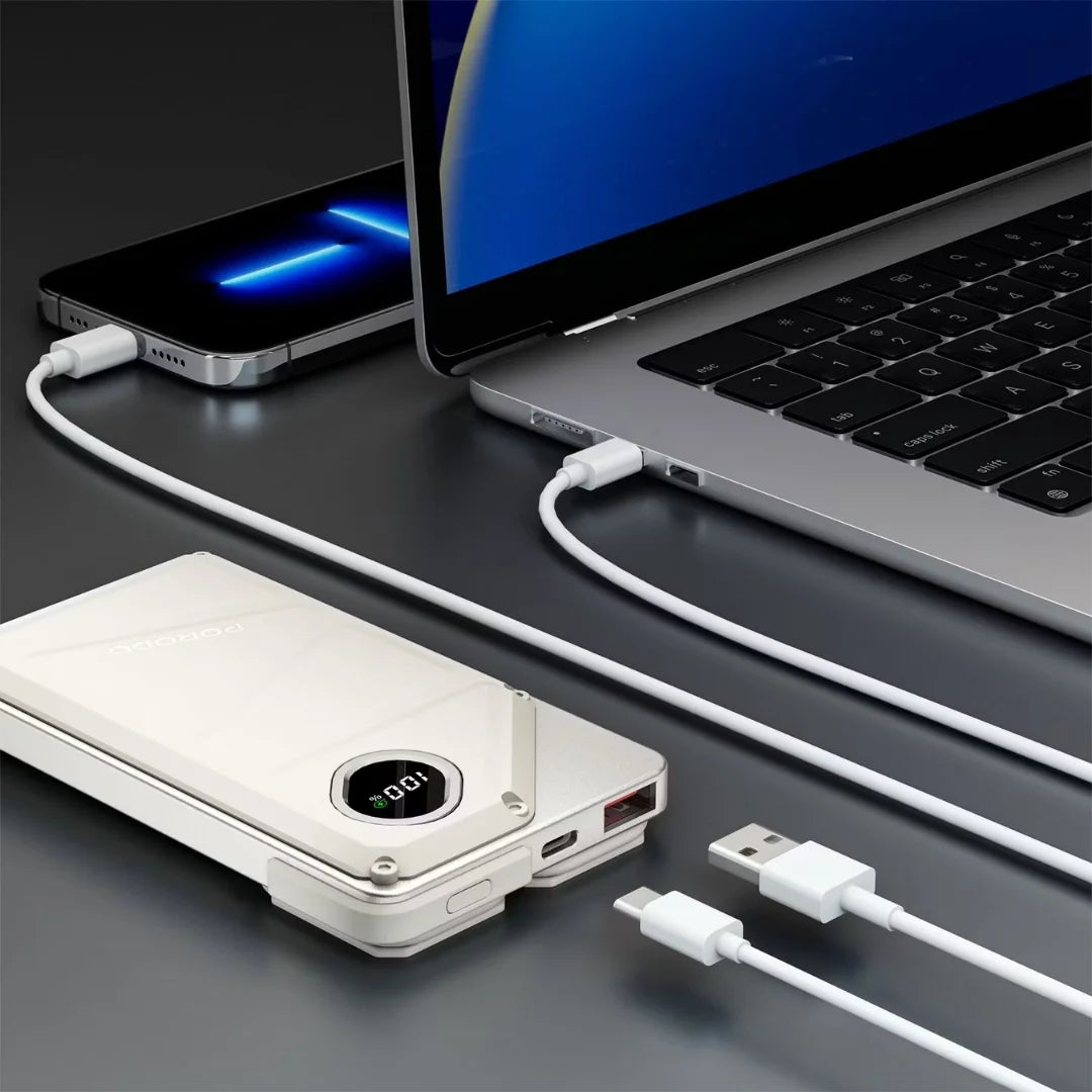Bankeya Hêzê ya Porodo 10000mAh bi kabloyên Type-C û Lightning ên çêkirî û dîmendera dîjîtal | Bankeya Hêzê ya Porodo 10000mAh 2xType-C, USB-A, Xeta Type-C bi Dîmendera Dîjîtal.