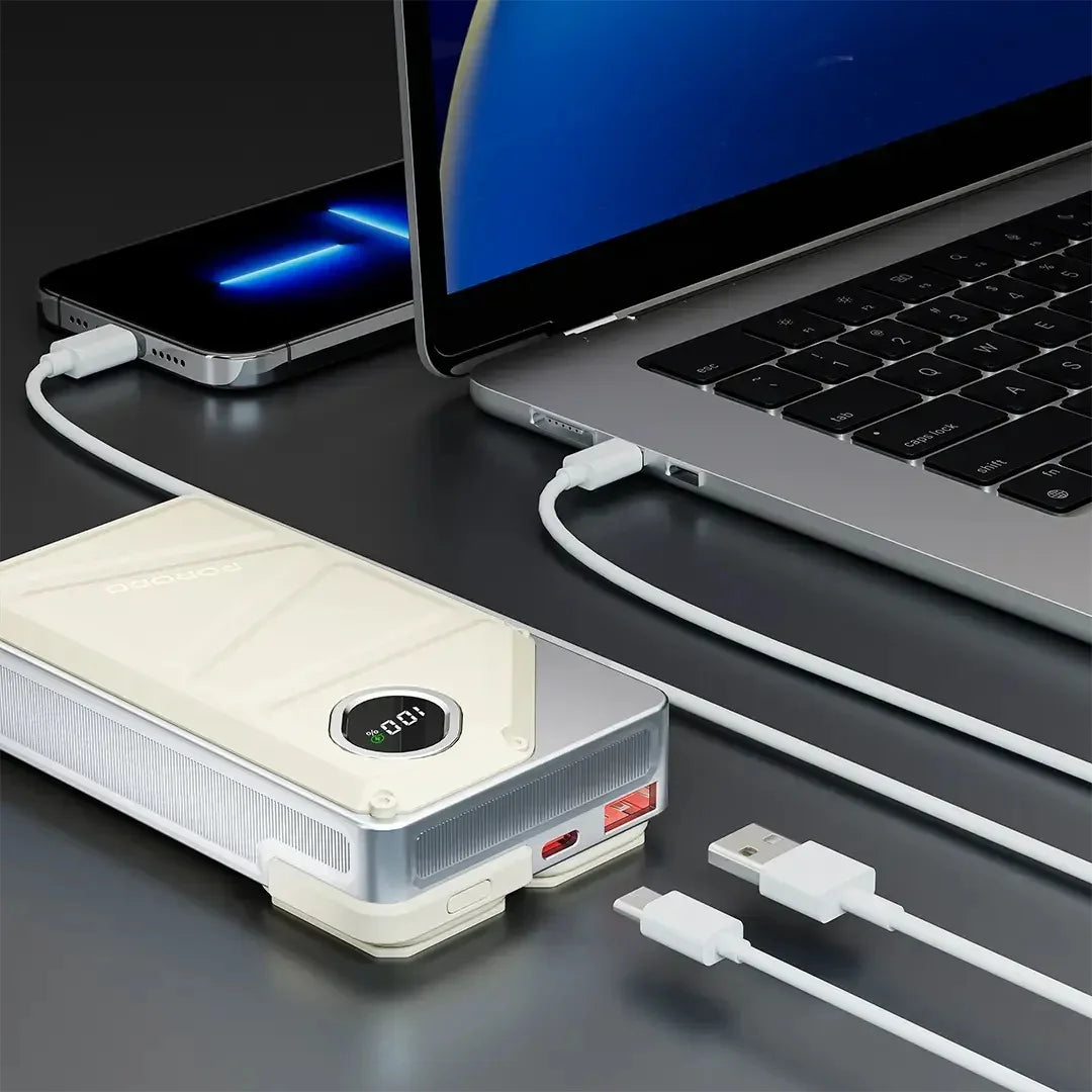 باور بانك بورودو بسعة 20000 مللي امبير مع كيبل تايب سي وكيبل لايتننغ مدمجين وشاشة عرض رقمية - ابيض | Porodo 20000mAh Power Bank, Type-C & Lightning Built-in Cables with Digital Display – White.