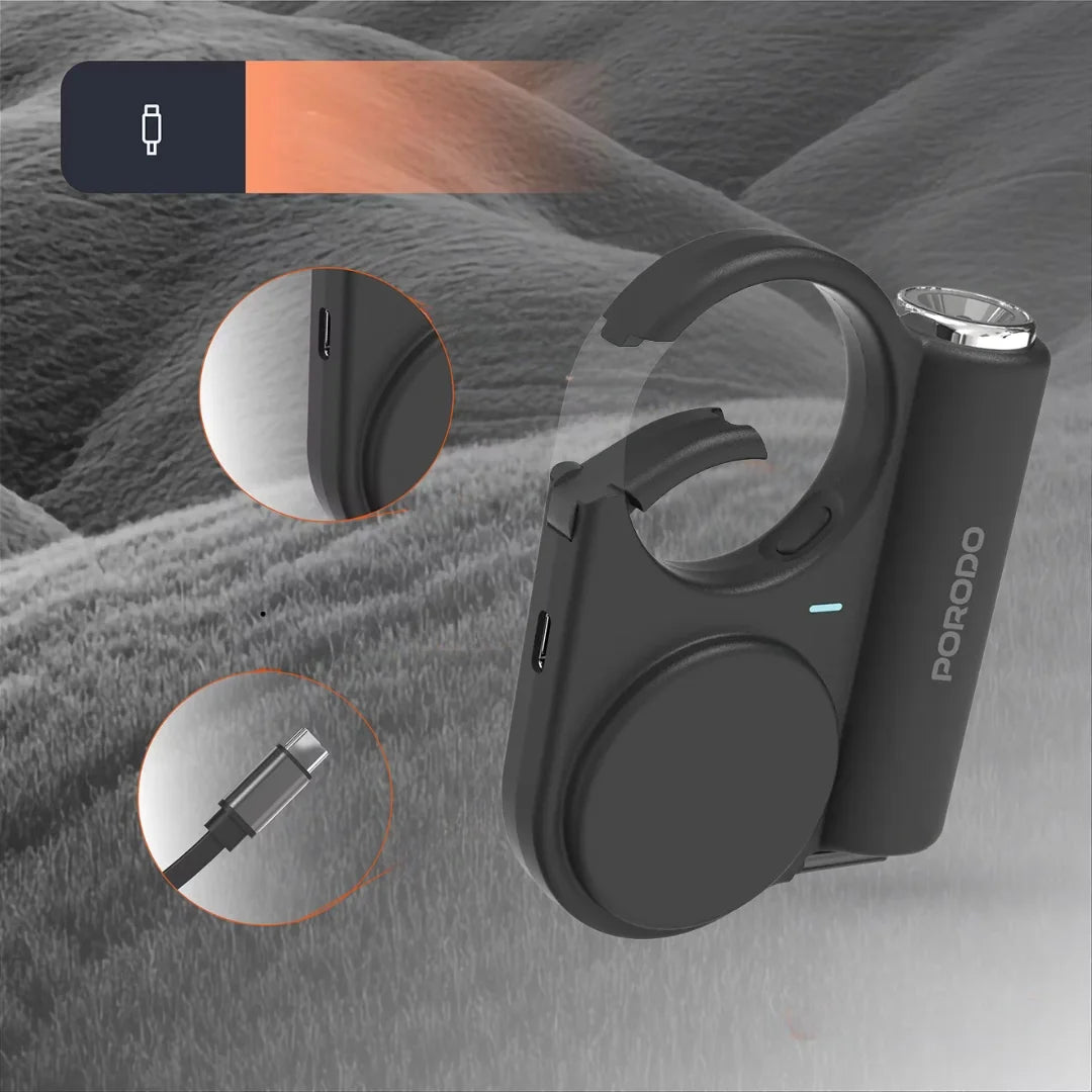 باور بانك بورودو بسعة 5000 مللي امبير مع كيبل تايب سي مدمج قابل للسحب بطول 70 سم - اسود | Porodo 5000mAh Outdoor Power Bank 70cm Retractable Type-C - Black.